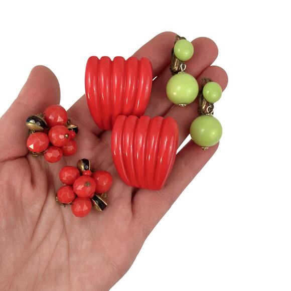 VTG Red Marked W Germany Cluster, Lime Green Go Go Girl 60s, Earrings Lot of 3 - Picture 2 of 7